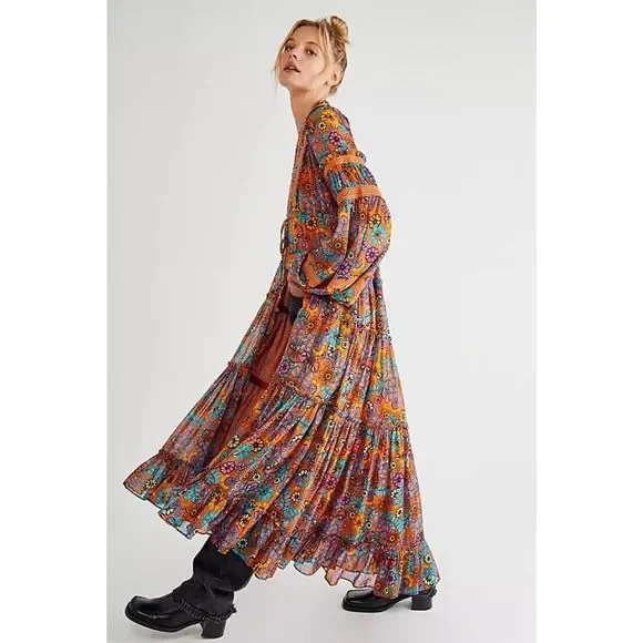 Free People | Dresses | Free People Cassis Printed Chiffon Dress Size Xs  Rust Combo | Poshmark